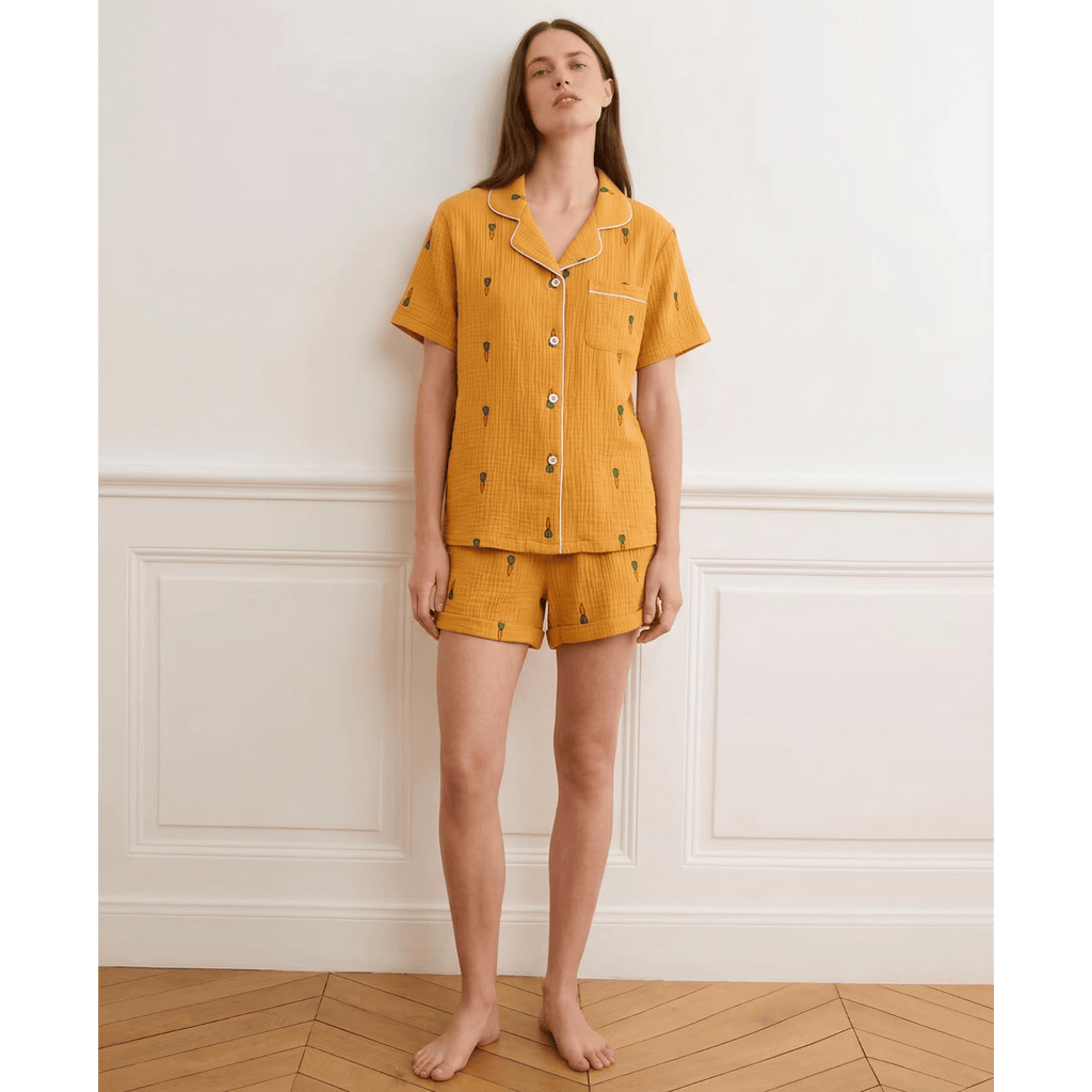 Pyjama short femme coton jaune – Confort ultime et style irrésistible